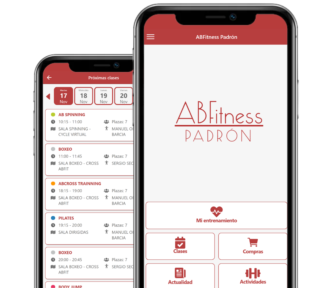 Pantalla de la app gratuita de Abfitness para socios - reserva de clases y rutinas